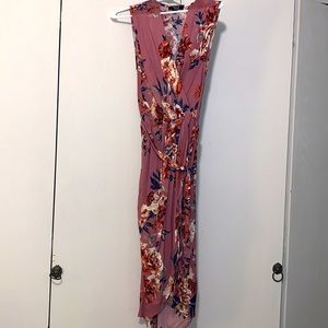 Floral pink purple dress, mid length, tank top.